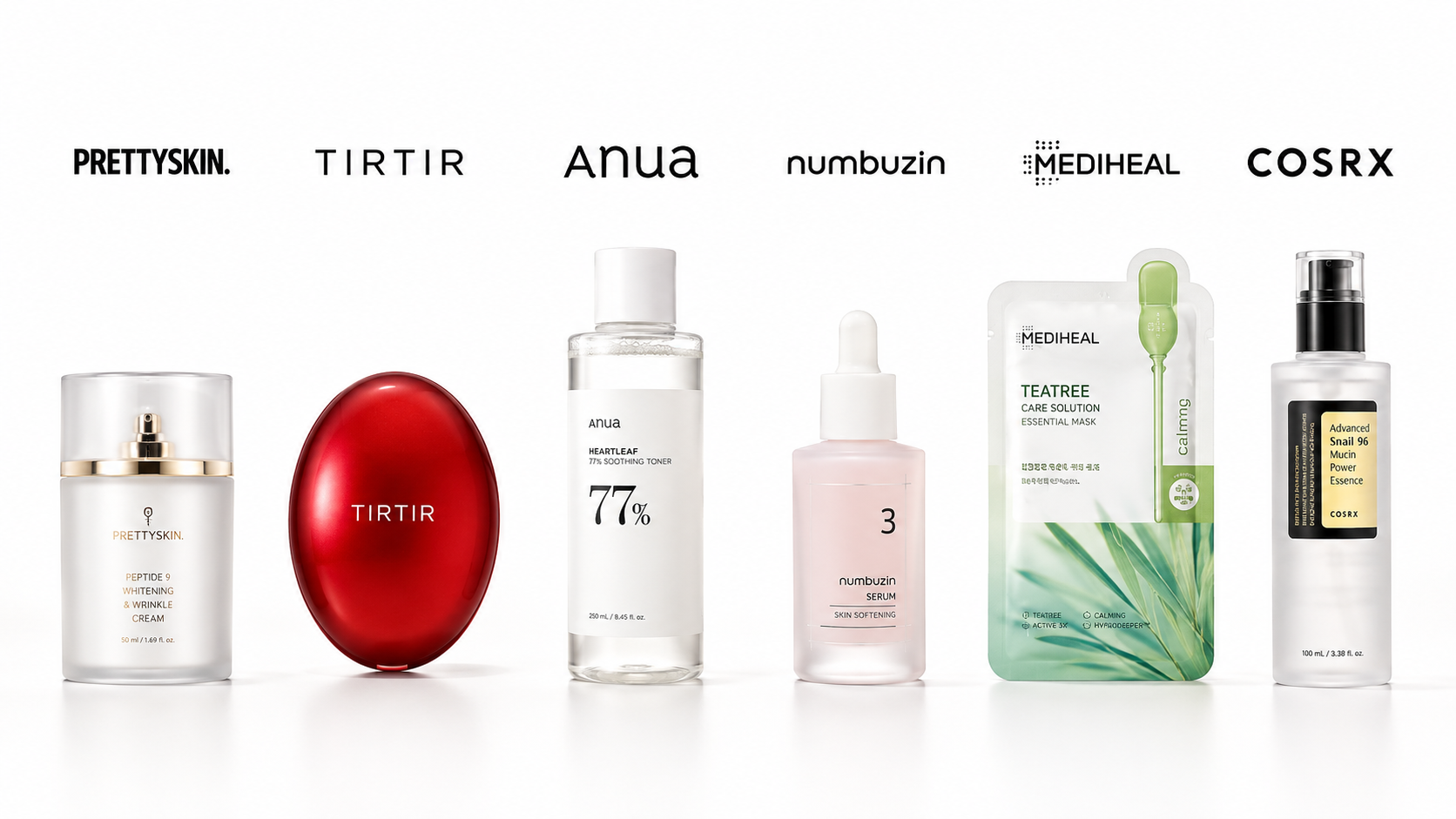PRETTYSKIN, TIRTIR, Anua, numbuzin, MEDIHEAL, COSRX product lineup